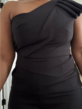 Black Halo One-Shoulder Black Jumpsuit with Asymmetrical Draping